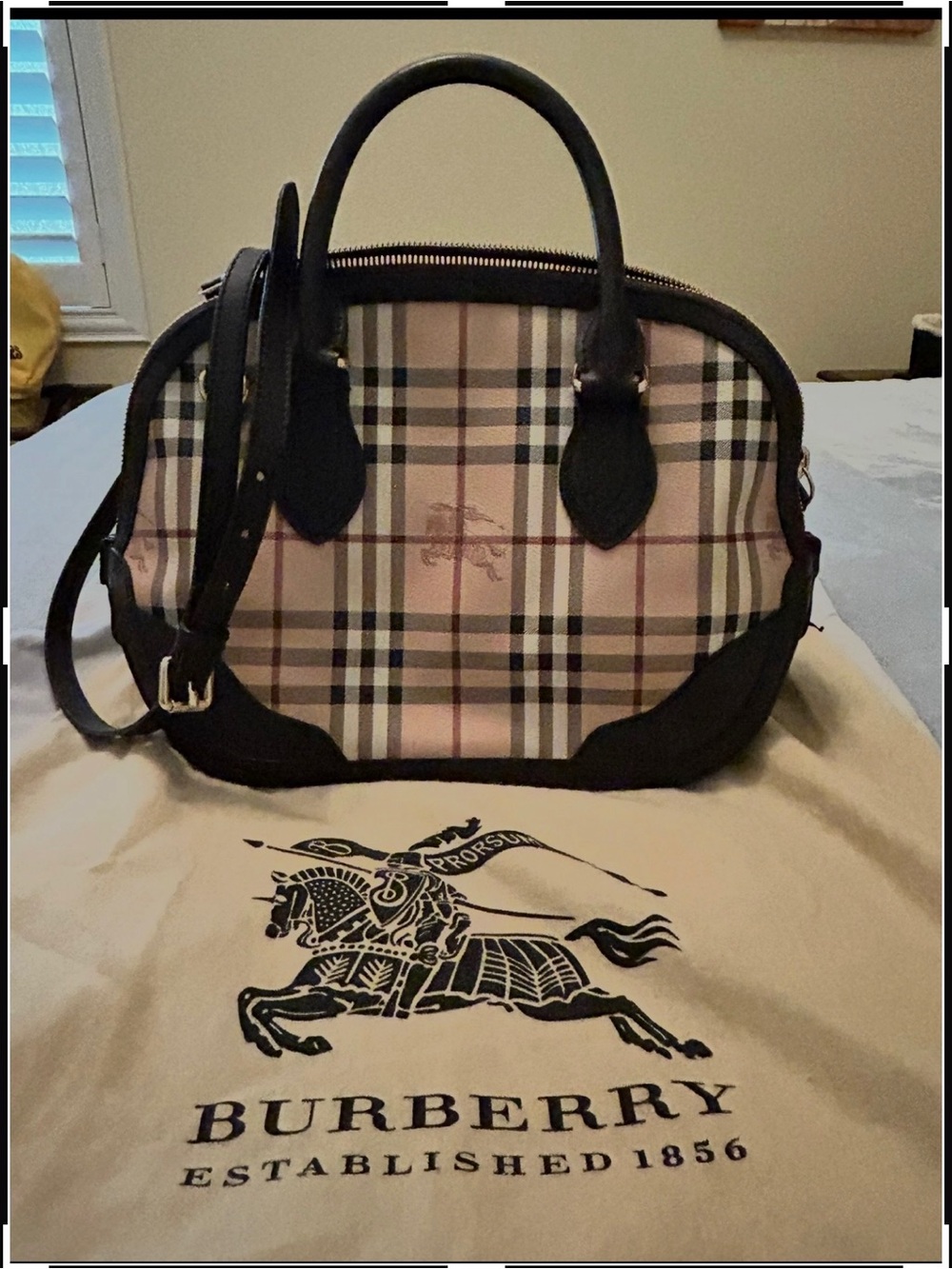Burberry Pink and Black Check Canvas Satchel with Black Trim
